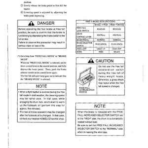 Peut inclure: Une page de manuel technique d&eacute;taillant le fonctionnement en chute libre pour machines lourdes. Elle comprend des instructions, un avertissement de danger, un tableau de changement de mode, un encadr&eacute; de mise en garde et des notes sur l'huile hydraulique.