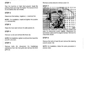 May include: A page from a manual detailing the removal and installation of a car's hood, panels, instrument panel, and instrument cluster. The text includes numbered steps with instructions and diagrams for automotive repair.