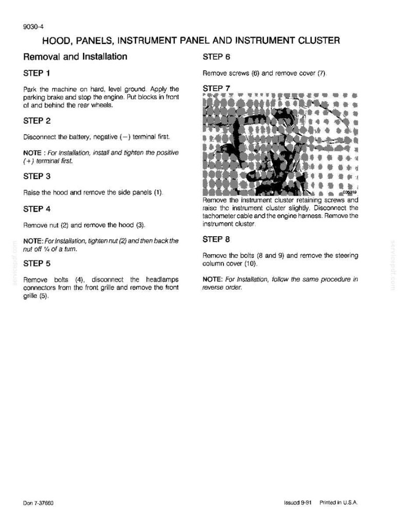 May include: A page from a manual detailing the removal and installation of a car's hood, panels, instrument panel, and instrument cluster. The text includes numbered steps with instructions and diagrams for automotive repair.