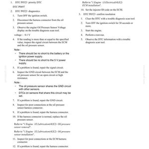 May include: A diagnostic guide for an engine control system, detailing troubleshooting steps for DTC P0523, an oil pressure sensor circuit issue. Includes voltage checks, circuit inspections, and connector checks. The document is in black and white.