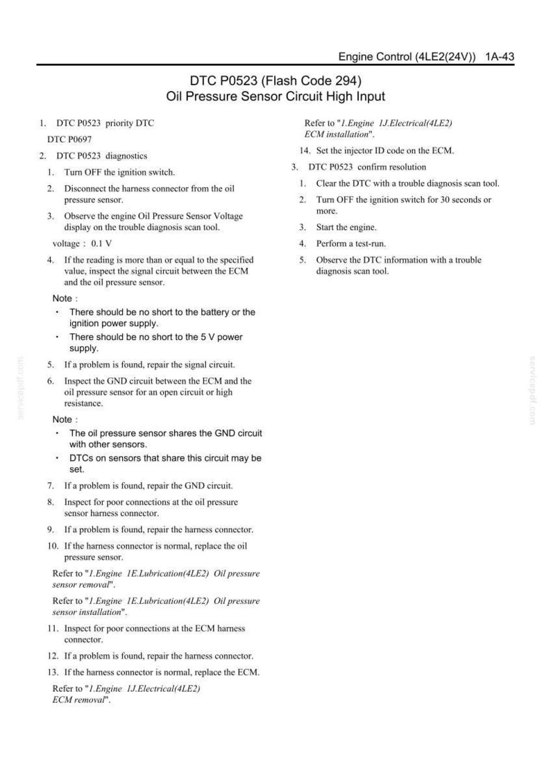 May include: A diagnostic guide for an engine control system, detailing troubleshooting steps for DTC P0523, an oil pressure sensor circuit issue. Includes voltage checks, circuit inspections, and connector checks. The document is in black and white.