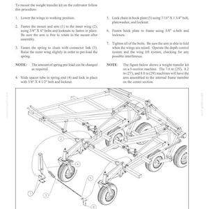May include: A technical manual page titled SECTION 2 - ADJUSTMENTS for a WEIGHT TRANSFER KIT - NW-547K. It features a black and white line drawing of a cultivator frame with numbered components and detailed installation instructions using imperial bolts.