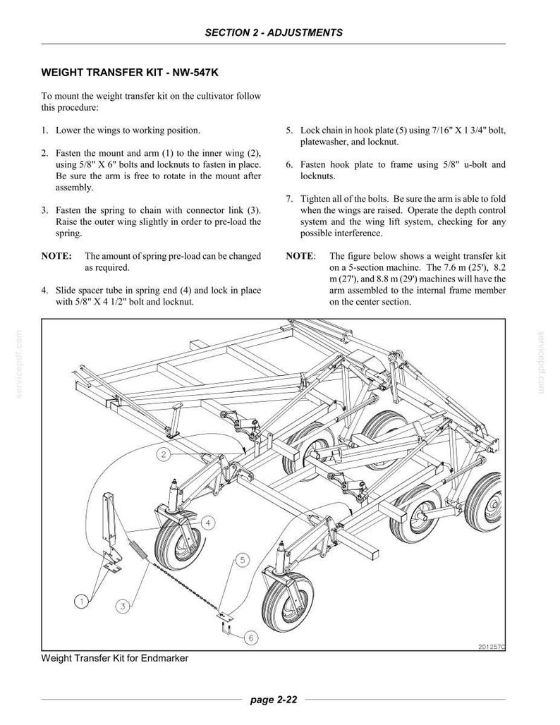 May include: A technical manual page titled SECTION 2 - ADJUSTMENTS for a WEIGHT TRANSFER KIT - NW-547K. It features a black and white line drawing of a cultivator frame with numbered components and detailed installation instructions using imperial bolts.