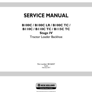 May include: A white service manual cover with black text. The title "SERVICE MANUAL" is at the top. Below are model numbers and "Stage IV Tractor Loader Backhoe." The New Holland Construction logo is at the bottom.