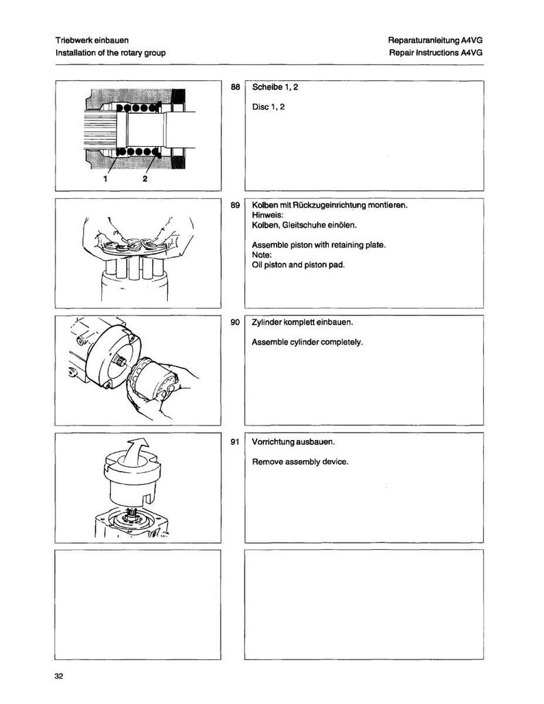 Puede incluir: Diagrama t&eacute;cnico con instrucciones para la instalaci&oacute;n de un grupo rotatorio. La imagen incluye ilustraciones detalladas de componentes mec&aacute;nicos, con etiquetas y pasos numerados. El texto en ingl&eacute;s y alem&aacute;n proporciona orientaci&oacute;n para el montaje y la reparaci&oacute;n.