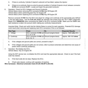 May include: A technical document page titled Electrical systems - FAULT CODES, detailing diagnostic steps for injector harness testing, ECU voltage checks, and continuity measurements with a table showing expected results of 12.0 volts and 0.0-0.1 ohms.
