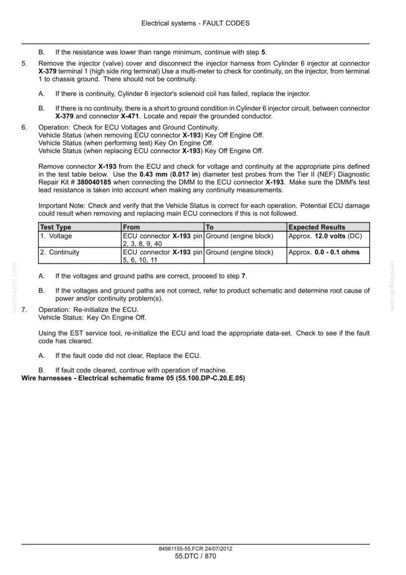 May include: A technical document page titled Electrical systems - FAULT CODES, detailing diagnostic steps for injector harness testing, ECU voltage checks, and continuity measurements with a table showing expected results of 12.0 volts and 0.0-0.1 ohms.