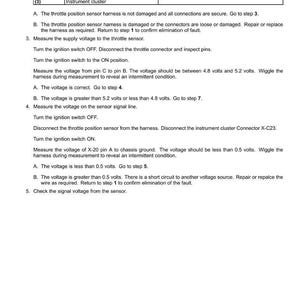 May include: A page from an electrical systems manual with fault codes. The document includes a schematic legend, troubleshooting steps, and voltage measurement instructions for various components like throttle position sensors and connectors.