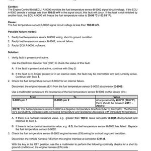 May include: A technical document titled "3016-Fuel temperature sensor voltage is lower than expected." The document provides troubleshooting steps for an engine control unit, including voltage checks and wiring inspections. Measurements are in Fahrenheit and Ohms.