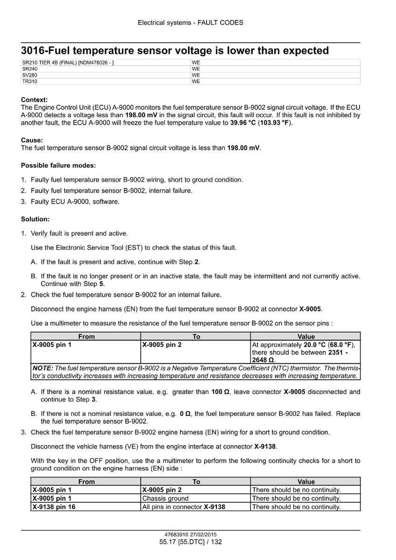 May include: A technical document titled "3016-Fuel temperature sensor voltage is lower than expected." The document provides troubleshooting steps for an engine control unit, including voltage checks and wiring inspections. Measurements are in Fahrenheit and Ohms.