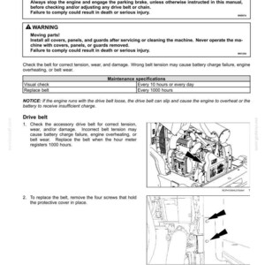 May include: A technical manual page titled 7-MAINTENANCE Drive belt, featuring safety warnings about entanglement and moving parts, maintenance specifications for visual checks and belt replacement, and two diagrams showing the drive belt location.