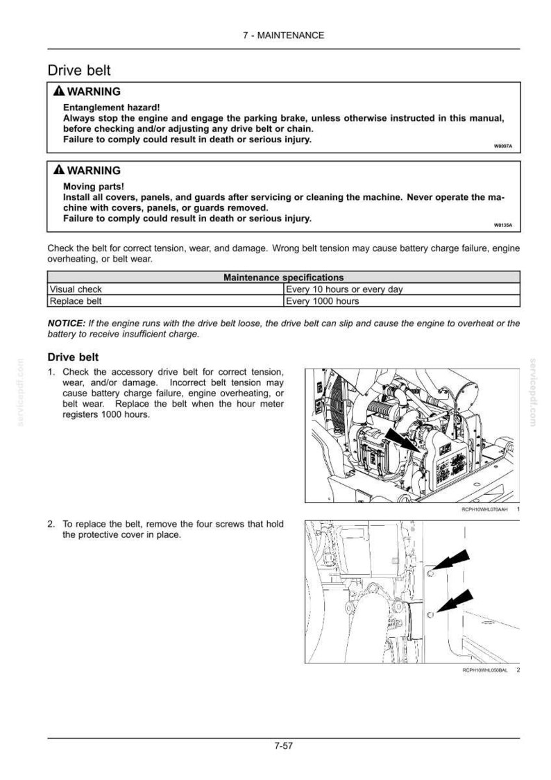 May include: A technical manual page titled 7-MAINTENANCE Drive belt, featuring safety warnings about entanglement and moving parts, maintenance specifications for visual checks and belt replacement, and two diagrams showing the drive belt location.