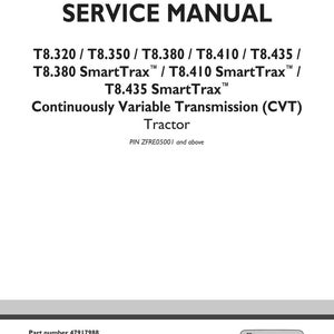 May include: A white service manual with black text. The title reads "SERVICE MANUAL" above model numbers for T8 tractors. The manual covers Continuously Variable Transmission (CVT) tractors. The New Holland Agriculture logo is in the bottom right.