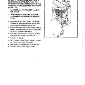 Op de afbeelding: Een pagina uit een technisch handboek getiteld 4. MAINTENANCE G. REPLACING RADIATOR HOSE. Het bevat een waarschuwing over stoom onder druk, zeven genummerde stappen voor het vervangen van de slang en een technische tekening van een radiateur.