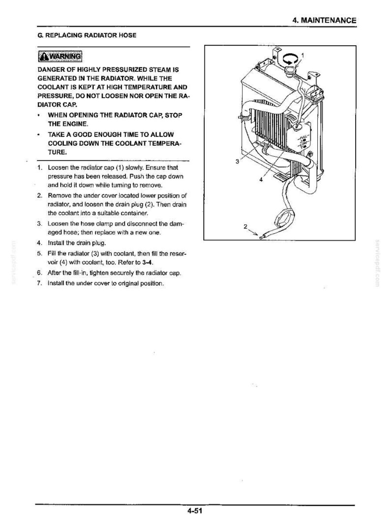 Op de afbeelding: Een pagina uit een technisch handboek getiteld 4. MAINTENANCE G. REPLACING RADIATOR HOSE. Het bevat een waarschuwing over stoom onder druk, zeven genummerde stappen voor het vervangen van de slang en een technische tekening van een radiateur.