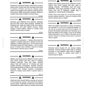 May include: A page from a manual with safety warnings about batteries. The text warns of hazards like sulfuric acid, explosive gases, and electrical shock. It provides instructions for safe handling and first aid measures.