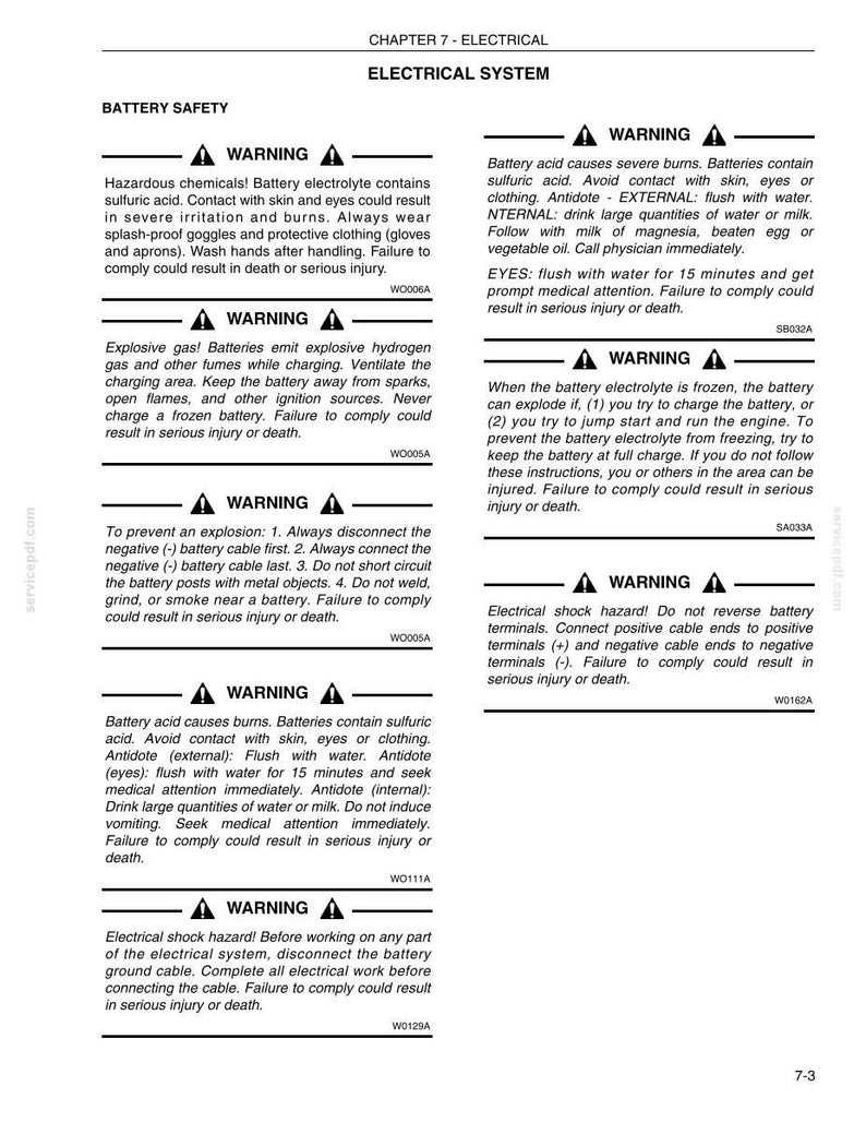 May include: A page from a manual with safety warnings about batteries. The text warns of hazards like sulfuric acid, explosive gases, and electrical shock. It provides instructions for safe handling and first aid measures.