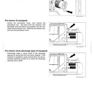 May include: Diagram of a machine's maintenance instructions. The image shows the dust ejector, pre-cleaner, and auto-discharge pre-cleaner components. Text explains how to check and maintain these parts for optimal performance.