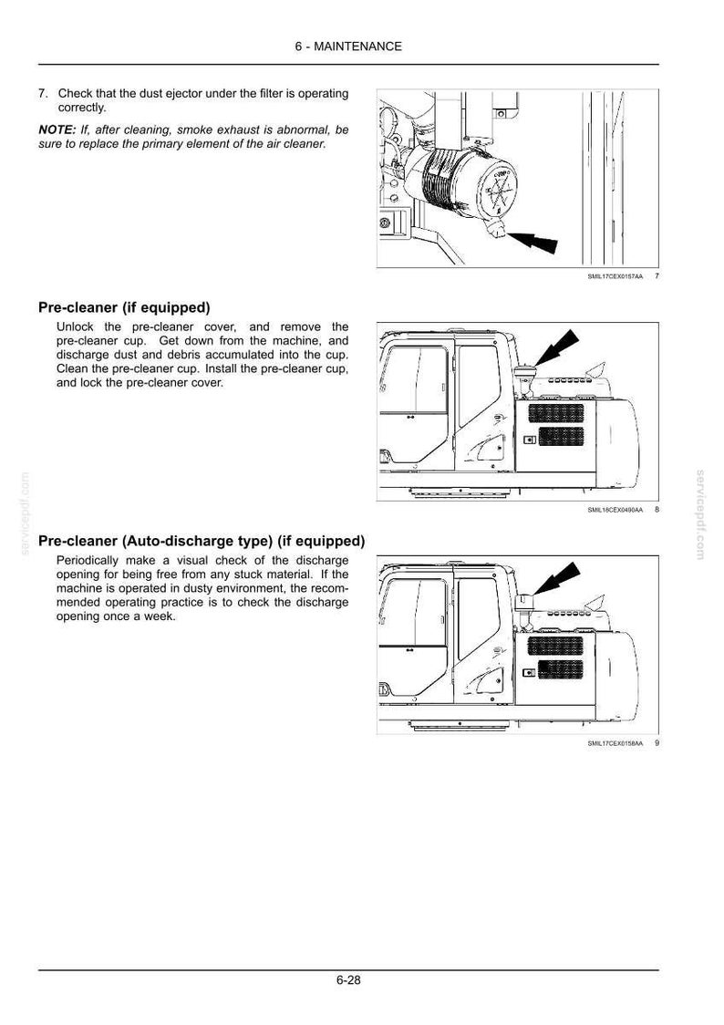 May include: Diagram of a machine's maintenance instructions. The image shows the dust ejector, pre-cleaner, and auto-discharge pre-cleaner components. Text explains how to check and maintain these parts for optimal performance.