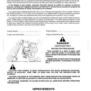 May include: A black and white page from a Sperry New Holland loader owner's manual. It includes text instructions, blank lines for model and serial numbers, a line drawing of a loader, and safety warnings including DANGER! FASTEN SEAT BELT.