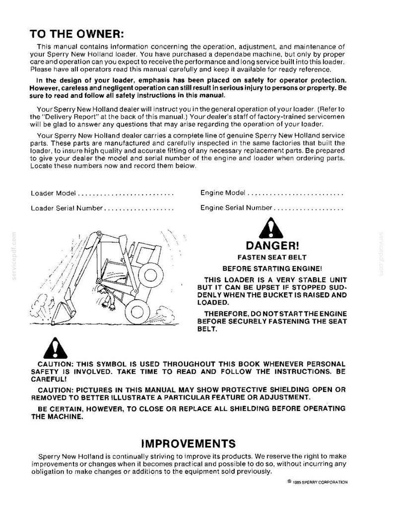 May include: A black and white page from a Sperry New Holland loader owner's manual. It includes text instructions, blank lines for model and serial numbers, a line drawing of a loader, and safety warnings including DANGER! FASTEN SEAT BELT.