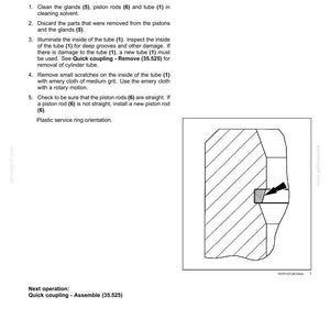 May include: Diagram of a quick coupler cylinder inspection process. The image includes text instructions and a cross-sectional diagram with an arrow indicating a component. The text includes steps for cleaning, inspecting, and removing scratches.