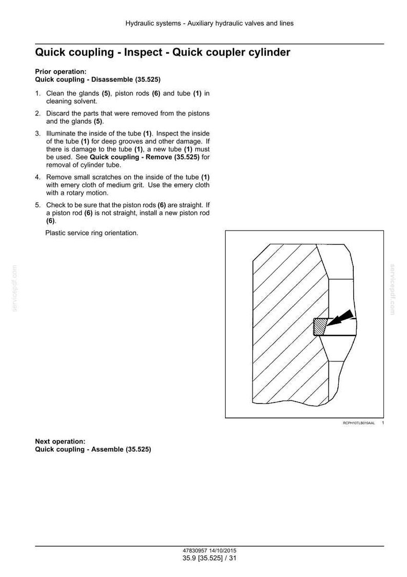 May include: Diagram of a quick coupler cylinder inspection process. The image includes text instructions and a cross-sectional diagram with an arrow indicating a component. The text includes steps for cleaning, inspecting, and removing scratches.