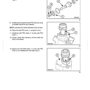 May include: Diagrams from a manual detailing Power Take-Off (PTO) systems. The illustrations show the assembly of components, including bearings, shafts, washers, and snap rings. Text explains the steps for installation and securing parts.