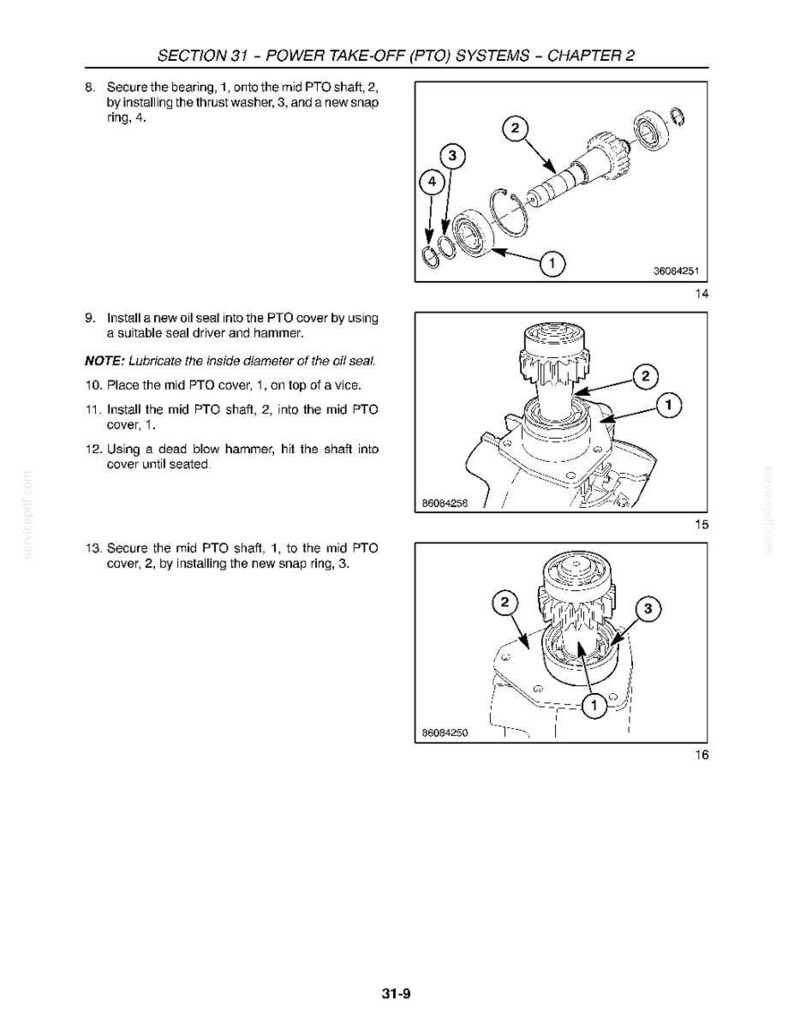 May include: Diagrams from a manual detailing Power Take-Off (PTO) systems. The illustrations show the assembly of components, including bearings, shafts, washers, and snap rings. Text explains the steps for installation and securing parts.