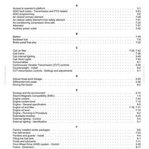 May include: A black and white printed index page from a technical manual, featuring alphabetical headings from A to F. The text lists various tractor components and maintenance procedures, each followed by a corresponding page number reference.