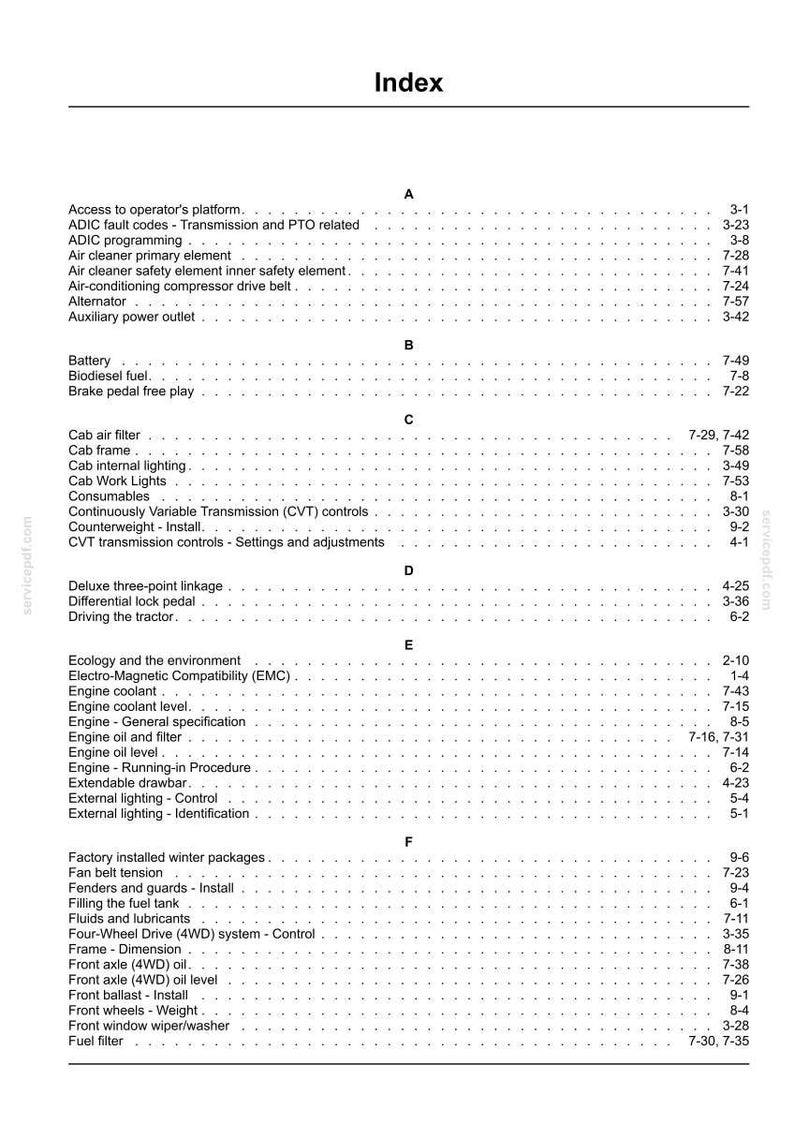 May include: A black and white printed index page from a technical manual, featuring alphabetical headings from A to F. The text lists various tractor components and maintenance procedures, each followed by a corresponding page number reference.
