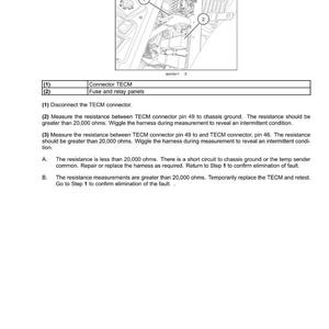 Op de afbeelding: Diagram van elektrische systeemfoutcodes, met instructies voor het meten van weerstand. Bevat een diagram van de TECM-connector en zekering-/relaispanelen. Tekst met stappen voor probleemoplossing.