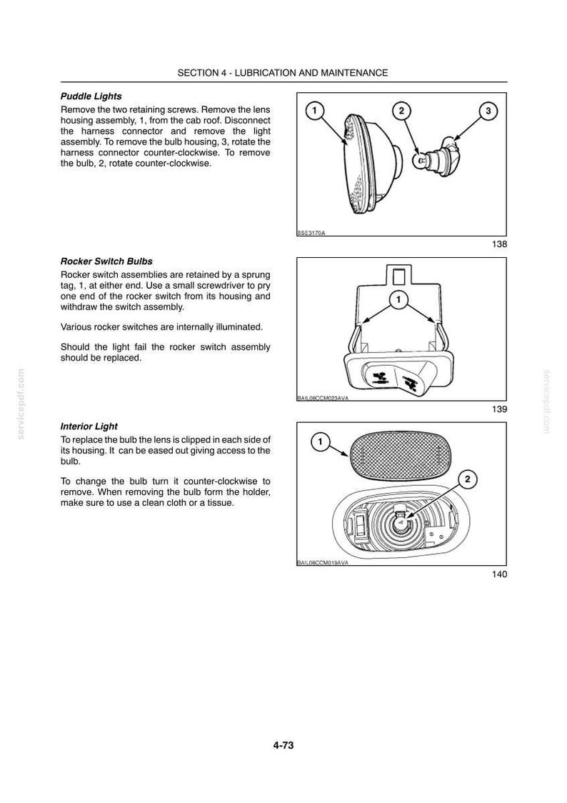 Peut inclure: Une page de manuel technique intitul&eacute;e Section 4 - Lubrication and Maintenance, pr&eacute;sentant des dessins au trait en noir et blanc de composants d'&eacute;clairage de v&eacute;hicule, incluant des feux de flaque, des ampoules d'interrupteur et des plafonniers num&eacute;rot&eacute;s.