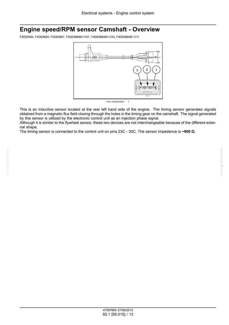 May include: Diagram of an engine speed/RPM sensor Camshaft, with labels and a detailed schematic. Text includes sensor specifications and technical details. The image is from an electrical systems manual.