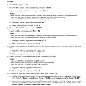 May include: A document detailing fault codes for an electrical system, specifically addressing the 20B1-Urea fluid tank heater coolant control valve circuit. Includes troubleshooting steps and connector diagrams for automotive repair.