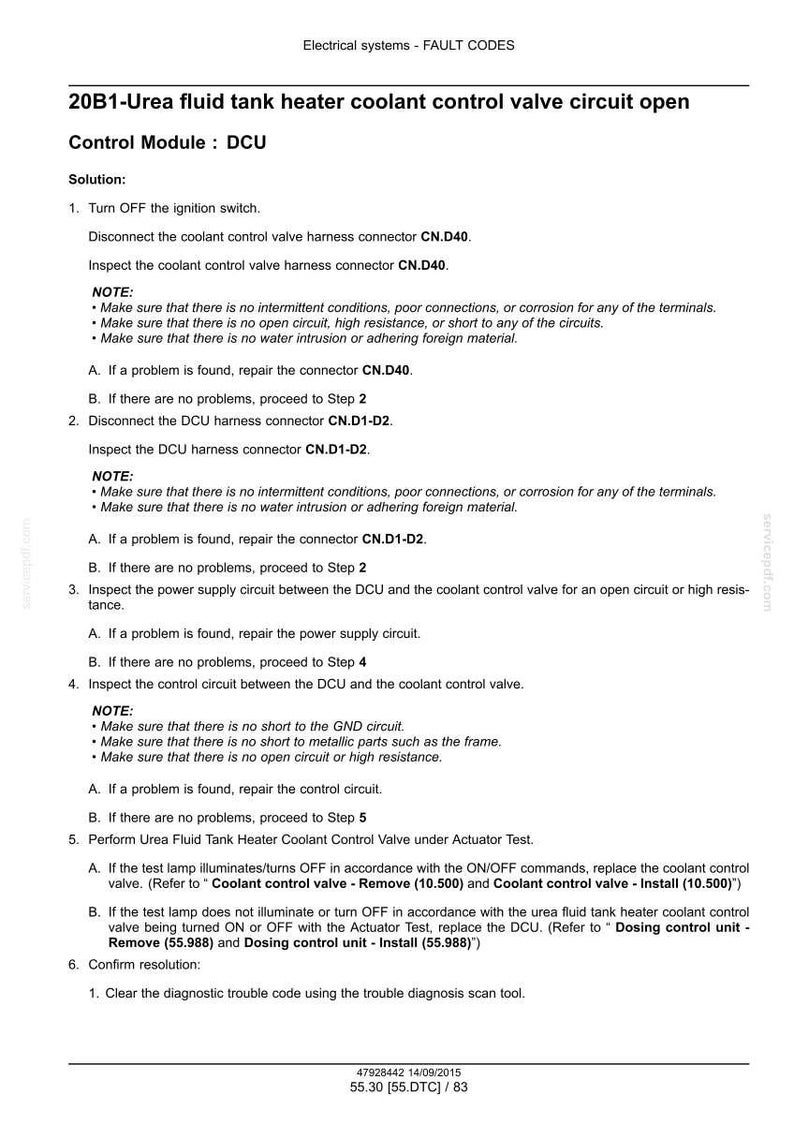 May include: A document detailing fault codes for an electrical system, specifically addressing the 20B1-Urea fluid tank heater coolant control valve circuit. Includes troubleshooting steps and connector diagrams for automotive repair.