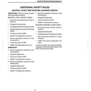 May include: A white page with black text detailing safety rules for a machine. The text includes instructions for neutral start, reverse warning checks, and other safety procedures. The document is titled "ADDITIONAL SAFETY RULES".