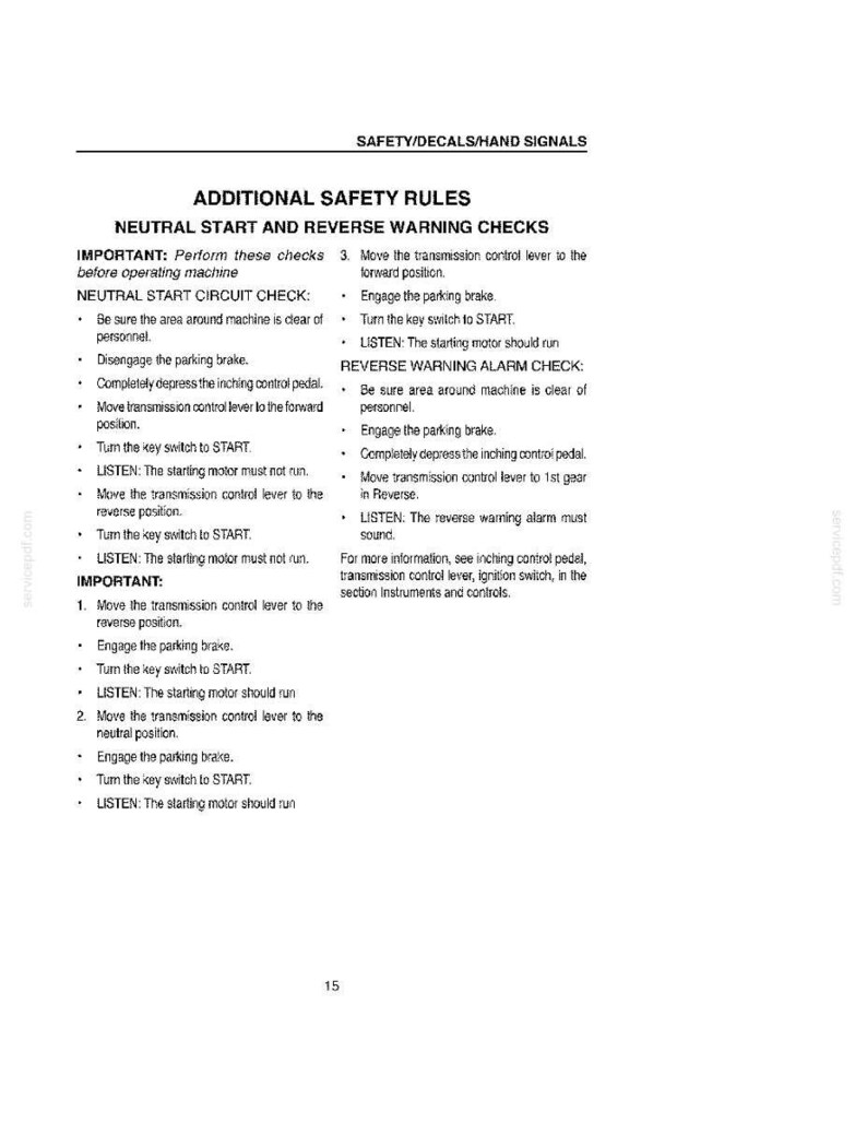 May include: A white page with black text detailing safety rules for a machine. The text includes instructions for neutral start, reverse warning checks, and other safety procedures. The document is titled "ADDITIONAL SAFETY RULES".