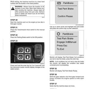 May include: A technical document titled Parking Brake Test Procedure, featuring numbered steps 19 through 28. It includes two digital monitor display graphics showing ParkBrake test prompts and a black control panel with four directional arrow buttons.