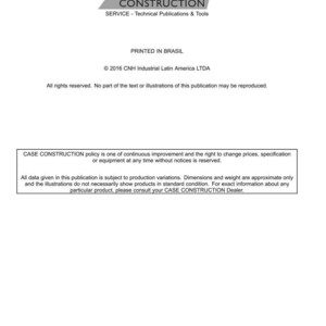 Może przedstawiać: Biały dokument z czarnym tekstem &bdquo;CASE CONSTRUCTION&rdquo; i podtytułem &bdquo;SERVICE - Technical Publications & Tools&rdquo;. Dokument zawiera informacje o prawach autorskich i zastrzeżenie dotyczące wariacji produktu. Wydrukowano w Brazylii.