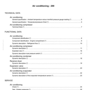 May include: A white document titled "Contents" with sections on cab climate control and air conditioning. The document lists technical, functional, and service data for air conditioning systems, including component identification and descriptions.