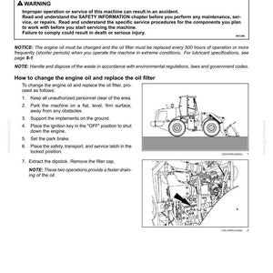 May include: A technical maintenance manual page titled 7-MAINTENANCE, detailing instructions for engine oil and filter replacement. It includes a warning box, a numbered list of seven steps, and two black-and-white line drawings of a construction vehicle.