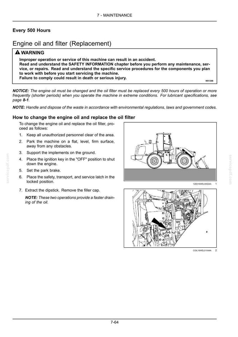 May include: A technical maintenance manual page titled 7-MAINTENANCE, detailing instructions for engine oil and filter replacement. It includes a warning box, a numbered list of seven steps, and two black-and-white line drawings of a construction vehicle.
