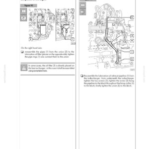 May include: Diagrams of engine components with labels and instructions. Figure 90 shows the assembly of pipes and oil filter. Figure 91 illustrates the reassembly of the lubrication oil exhaust pipeline, including screws and collars. Text includes "Completion of the engine."