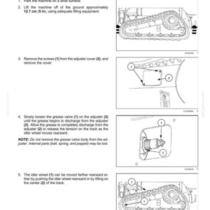 May include: Diagram illustrating the removal of a rubber track. Instructions include lifting the machine approximately 5 inches, removing screws, and loosening a grease valve. The image includes numbered components for clarity.
