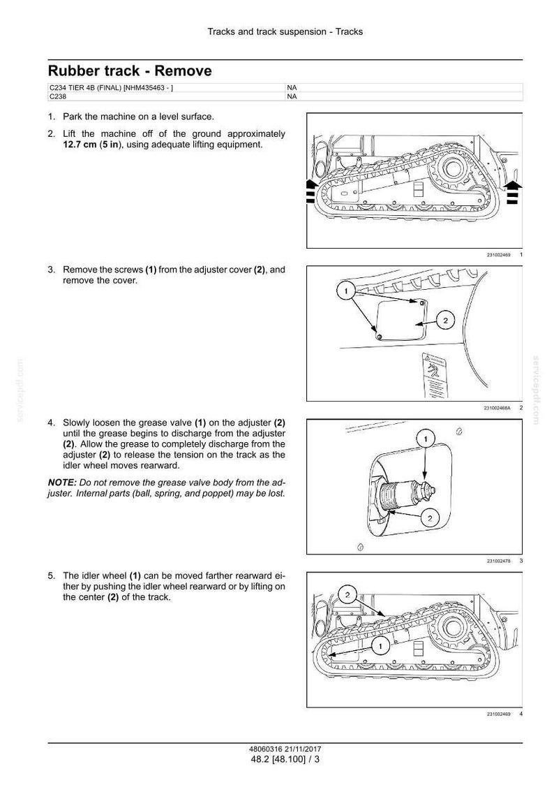 May include: Diagram illustrating the removal of a rubber track. Instructions include lifting the machine approximately 5 inches, removing screws, and loosening a grease valve. The image includes numbered components for clarity.