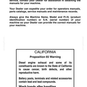 May include: Text from a technical manual, including a warning about diesel engine exhaust and lead compounds. The text advises to contact the dealer for manuals and service. It also includes a California Proposition 65 warning.