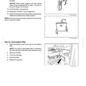 May include: A technical maintenance manual page titled 7-MAINTENANCE, featuring black and white line drawings illustrating the cleaning of a cab air filter with compressed air at 207 kPa (30 psi) and the location of a cab air recirculation filter.