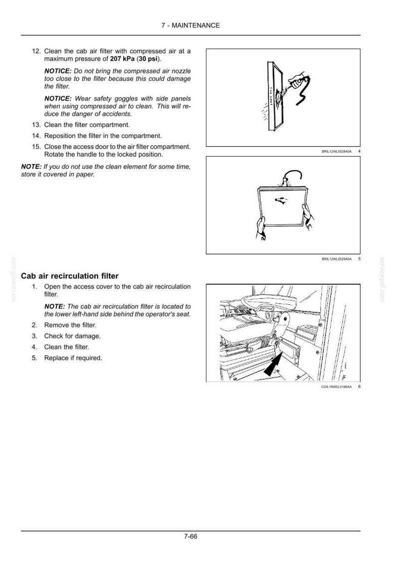 May include: A technical maintenance manual page titled 7-MAINTENANCE, featuring black and white line drawings illustrating the cleaning of a cab air filter with compressed air at 207 kPa (30 psi) and the location of a cab air recirculation filter.