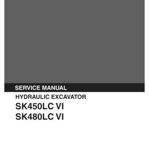May include: A gray Kobelco service manual for a hydraulic excavator. The cover displays the text: SERVICE MANUAL, HYDRAULIC EXCAVATOR, SK450LC VI, SK480LC VI, and Applicable: SK450LC VI LS06-01001- SK480LC VI YS06-00901- S5LS0006E-00 12/00.